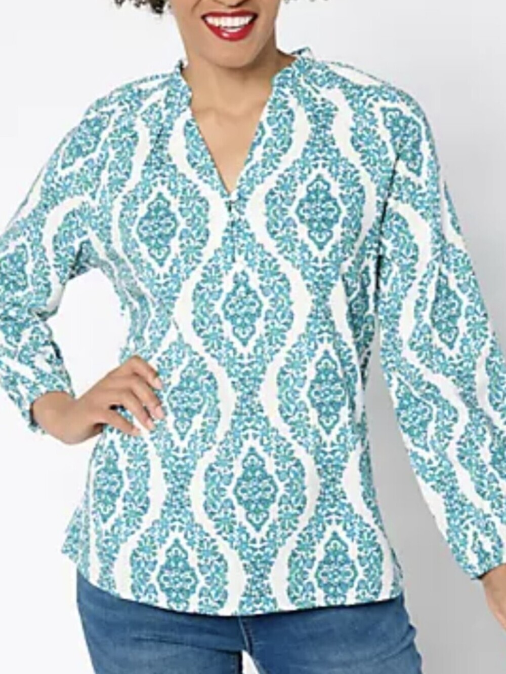 Belle by Kim Gravel Floral Ikat Blouson Tunic Sleeve Lightweight Blouse 3X Boho - Picture 1 of 12
